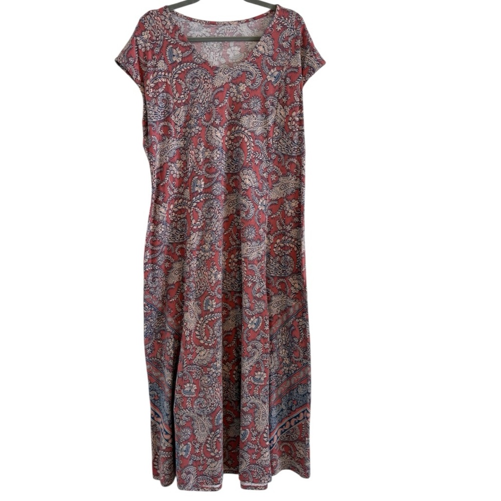 NWOT J. Jill Pure Jill Pink Border Print Maxi Dress Size M | Boho Cotton V-Neck - Picture 4 of 10